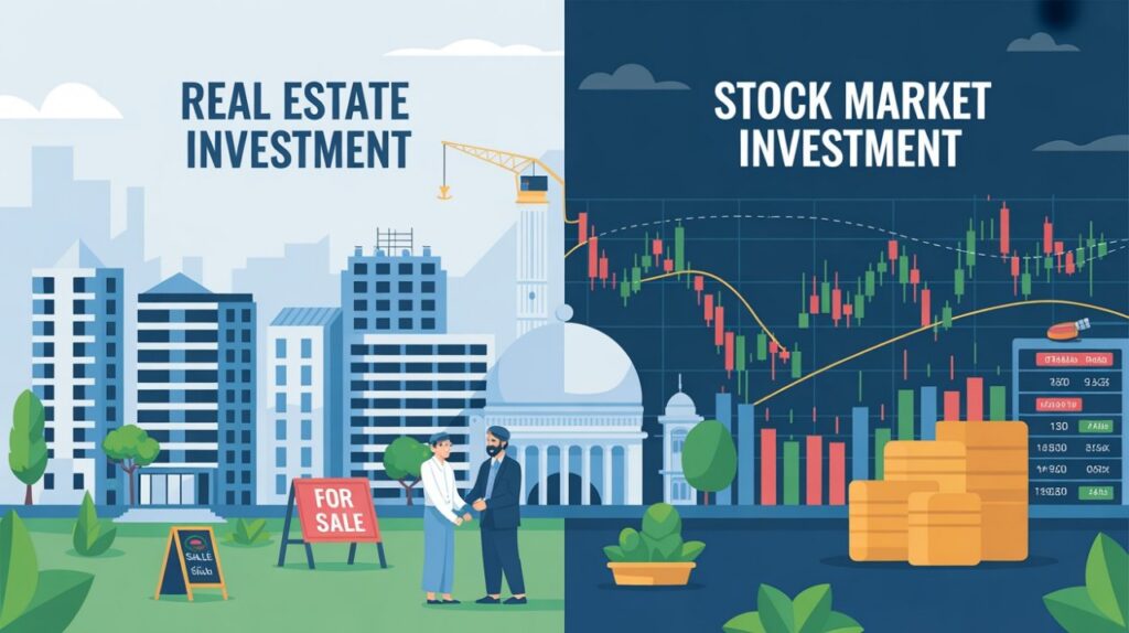 Side-by-side comparison of long-term returns from real estate and stock investments in Pakistan