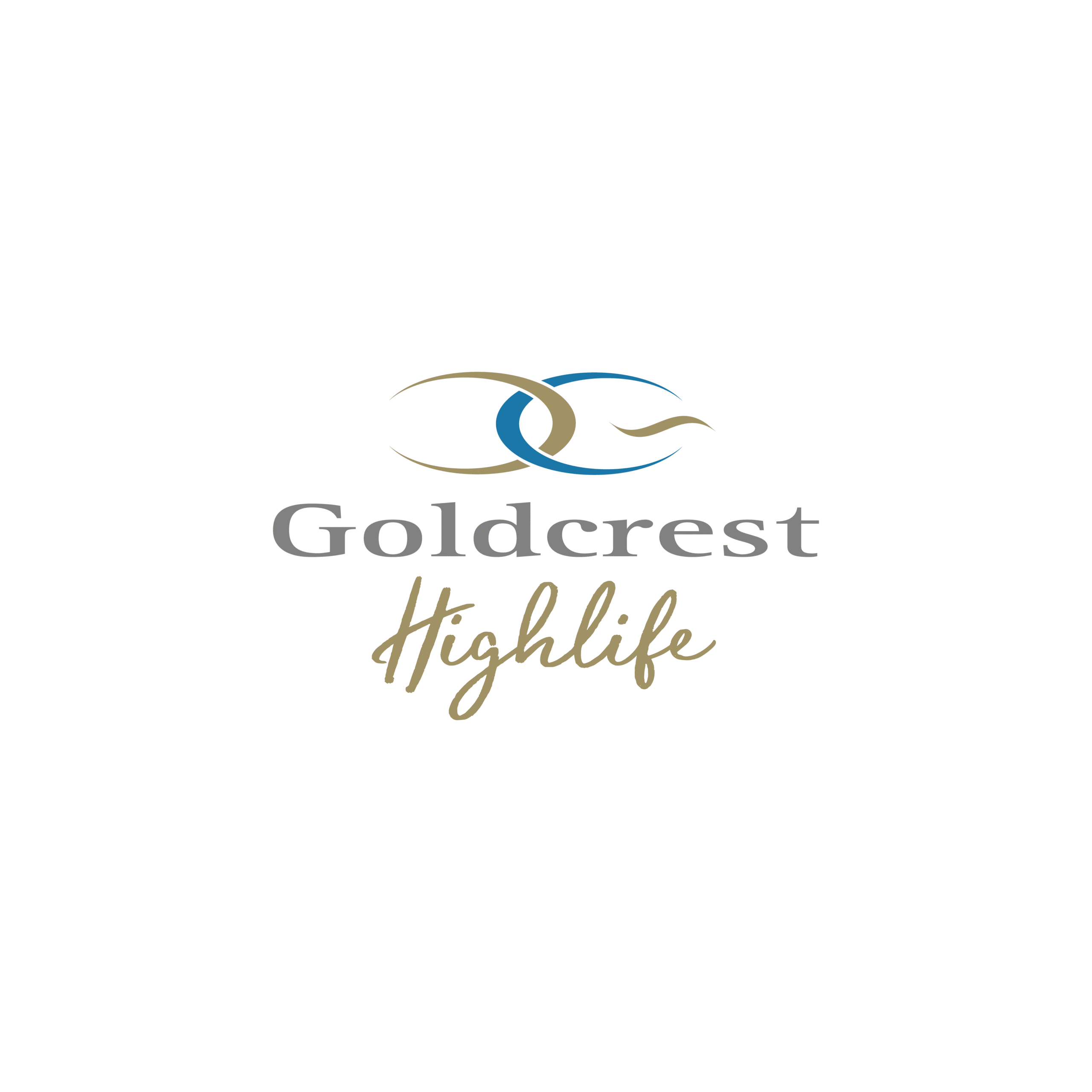 Goldcrest Highlife logo elegant gold and blue wave design, symbolizing luxury residential living.