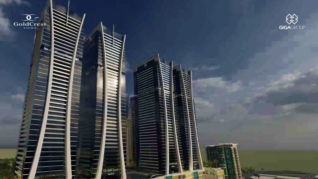 Panoramic view of Goldcrest Views towers in DHA Phase II Islamabad with luxury amenities
