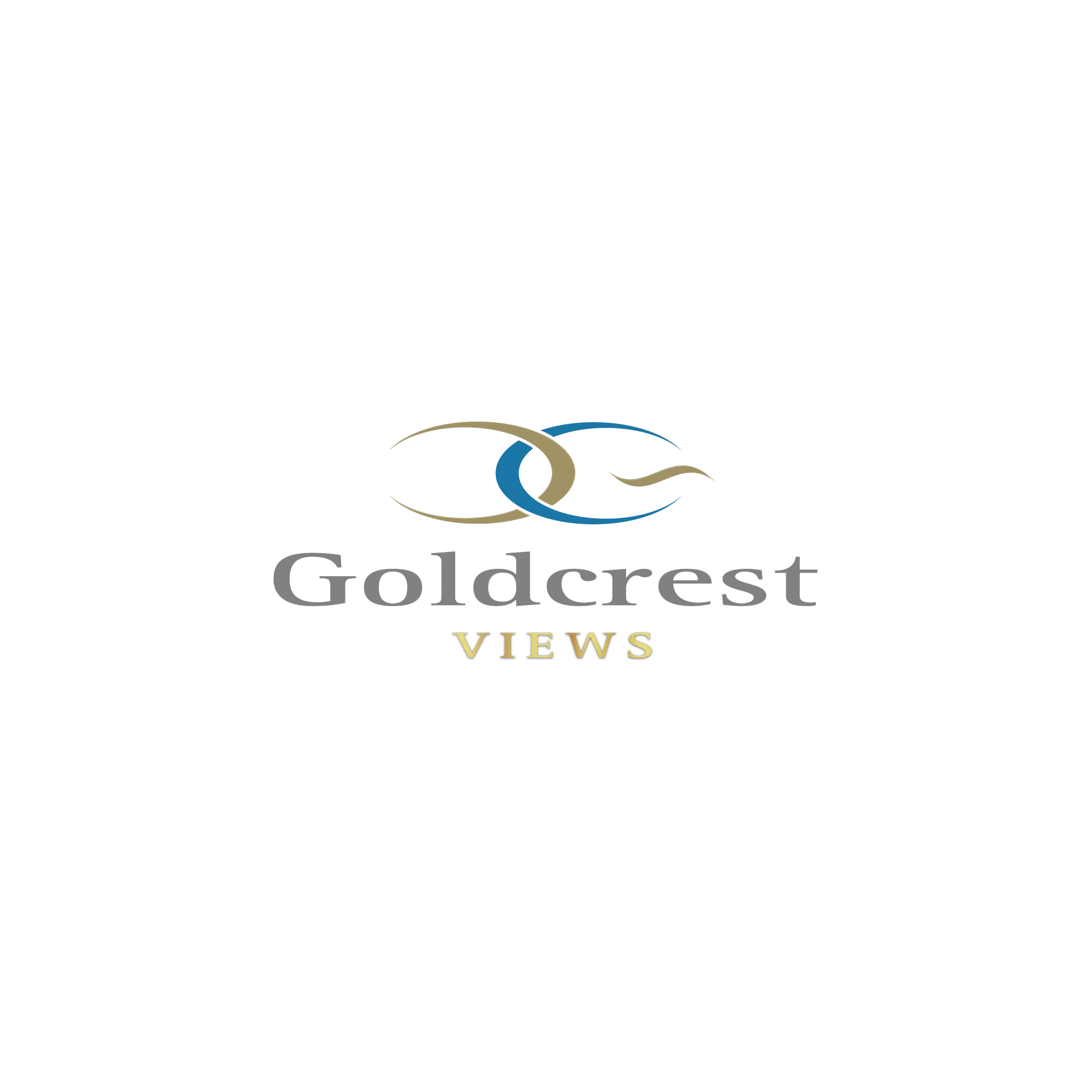 Goldcrest Views logo blue and gold curved design representing scenic apartment views and modern urban living.